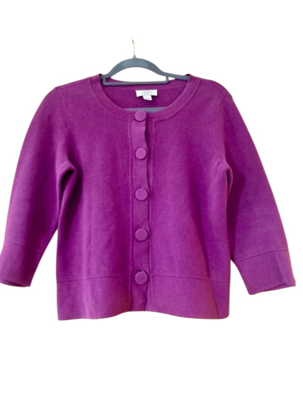 LOFT Petite Cardigan Purple Covered Button Sweater 3/4 Sleeve Classic Size MP